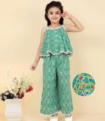 girls green sleeveless cotton printed & embellished crop top with coordinating palazzo set