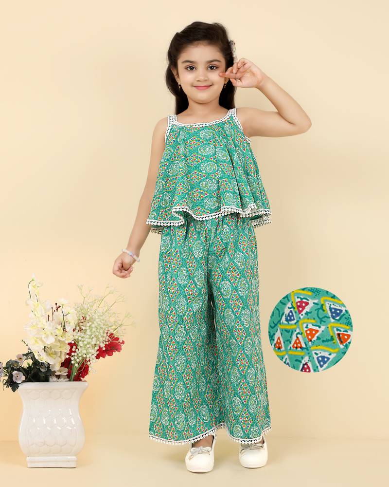 girls green sleeveless cotton printed & embellished crop top with coordinating palazzo set