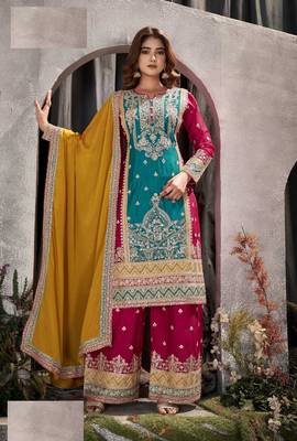 Blue chinon heavy embroidery chinon palazzo suits 1