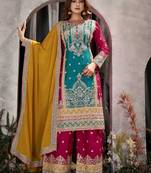 Blue chinon heavy embroidery chinon palazzo suits