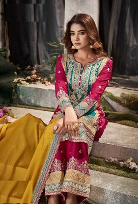 Blue chinon heavy embroidery chinon palazzo suits 2