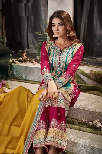 Blue chinon heavy embroidery chinon palazzo suits