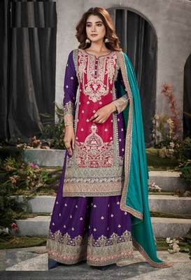 Pink chinon heavy embroidery chinon palazzo suits 1