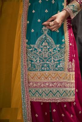 Blue chinon heavy embroidery chinon palazzo suits 3