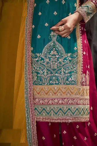 Blue chinon heavy embroidery chinon palazzo suits