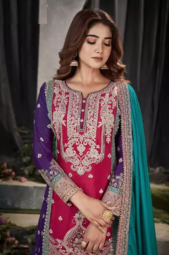 Pink chinon heavy embroidery chinon palazzo suits
