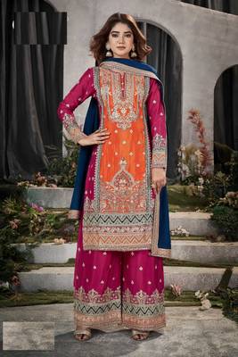 Orange chinon heavy embroidery chinon palazzo suits 1