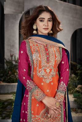 Orange chinon heavy embroidery chinon palazzo suits 2
