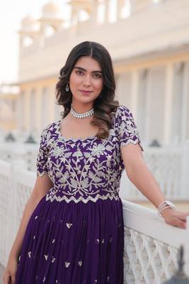 Women's purple faux blooming with coding sequins embroidered work luxury gown 3