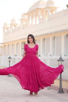 Women's pink faux blooming with zari sequins embroidered work luxury gown 1