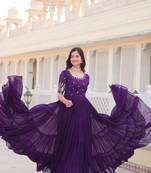 Women's purple faux blooming with zari sequins embroidered work luxury gown