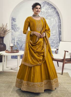 Yellow reshamkari embroidery wedding anarkali suit 1