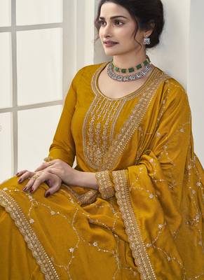 Yellow reshamkari embroidery wedding anarkali suit 2