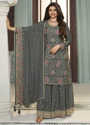 Grey multi colour floral thread & embroidered sharara suit set 1