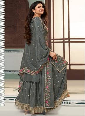 Grey multi colour floral thread & embroidered sharara suit set 2