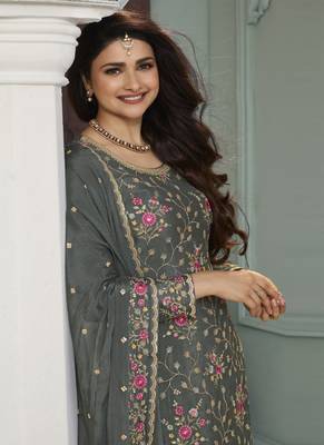 Grey multi colour floral thread & embroidered sharara suit set 3