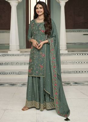 Sea green multi colour floral thread & embroidered sharara suit set 1