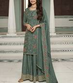 Sea green multi colour floral thread & embroidered sharara suit set