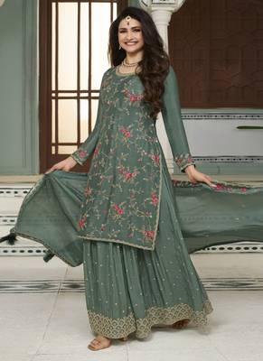 Sea green multi colour floral thread & embroidered sharara suit set 2