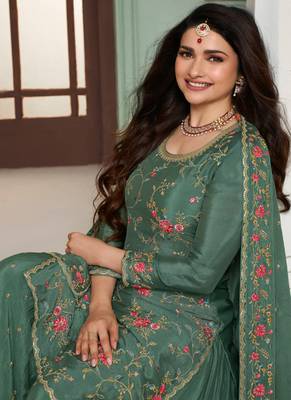 Sea green multi colour floral thread & embroidered sharara suit set 3