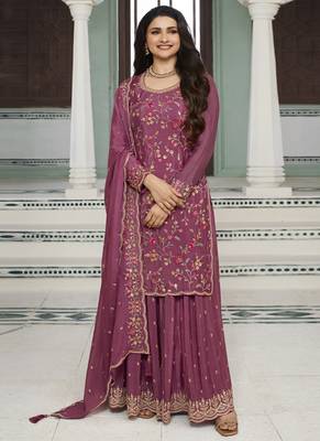 Pink colour floral thread & embroidered sharara suit set 1