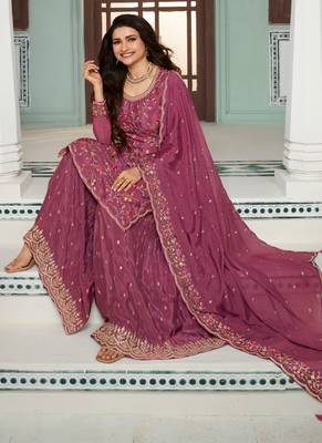 Pink colour floral thread & embroidered sharara suit set 2