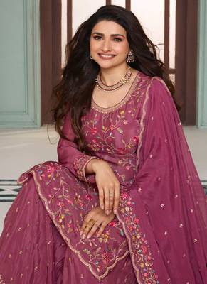 Pink colour floral thread & embroidered sharara suit set 4
