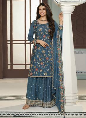 Teal blue multi colour floral thread & embroidered sharara suit set 1