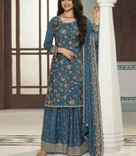 Teal blue multi colour floral thread & embroidered sharara suit set