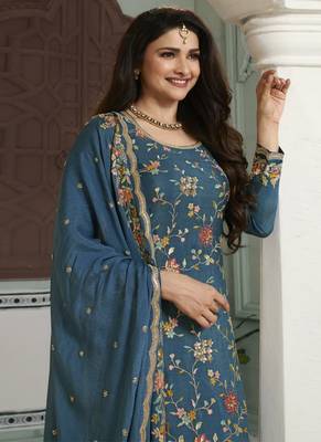 Teal blue multi colour floral thread & embroidered sharara suit set 2