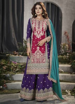 Purple and rani pink embroidery traditional palazzo suit 1