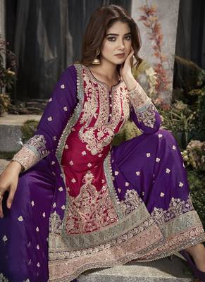 Purple and rani pink embroidery traditional palazzo suit 3