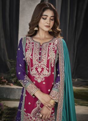 Purple and rani pink embroidery traditional palazzo suit 4