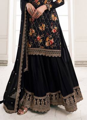 Black sequence embroidery floral palazzo suit 2