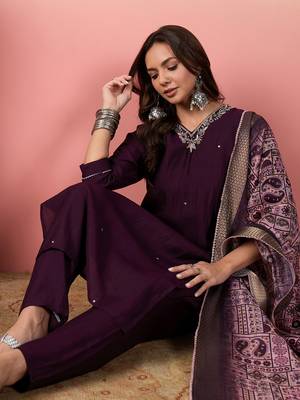 Women art silk, silk blend hand work  kurti pant dupatta set 1