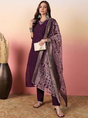 Women art silk, silk blend hand work  kurti pant dupatta set 3