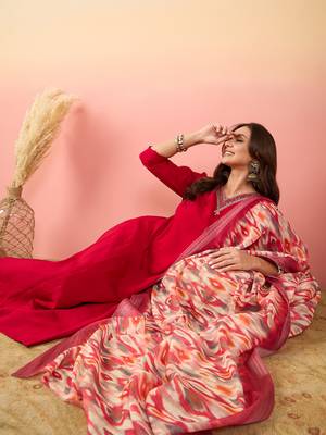 Yoke design v neck thread & hand work silk straight kurta set 1