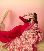 Yoke design v neck thread & hand work silk straight kurta set