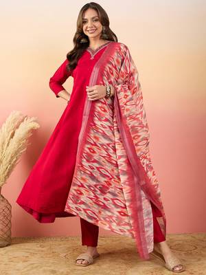 Yoke design v neck thread & hand work silk straight kurta set 3