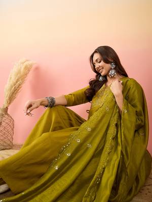 Ethnic motifs embroidered empire thread work silk anarkali kurti set 1