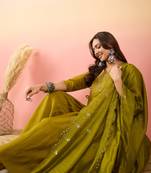 Ethnic motifs embroidered empire thread work silk anarkali kurti set