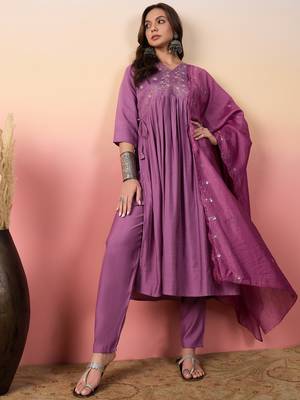Ethnic motifs embroidered empire thread work silk anarkali kurti set 1