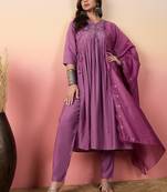 Ethnic motifs embroidered empire thread work silk anarkali kurti set