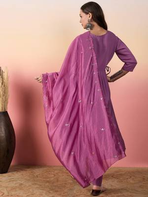 Ethnic motifs embroidered empire thread work silk anarkali kurti set 2