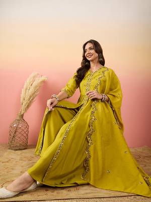 Ethnic motifs embroidered thread work silk kurti with palazzos & dupatta 1