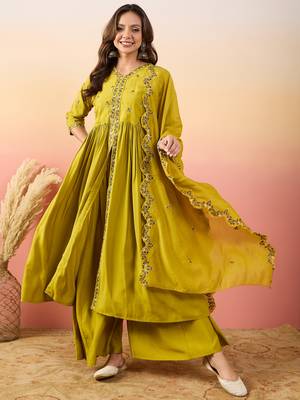 Ethnic motifs embroidered thread work silk kurti with palazzos & dupatta 3