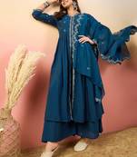 Ethnic motifs embroidered thread work silk kurti with palazzos & dupatta