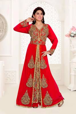 Red color Full Sleeves Handmade Moroccan Kaftan with hijjab 1