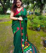 Beautiful Soft Dark Green Khesh Khadi Saree With Blouse Piece