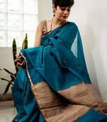 Exclusive Teal Cotton Silk Handloom Ghicha Pallu With Blouse Piece